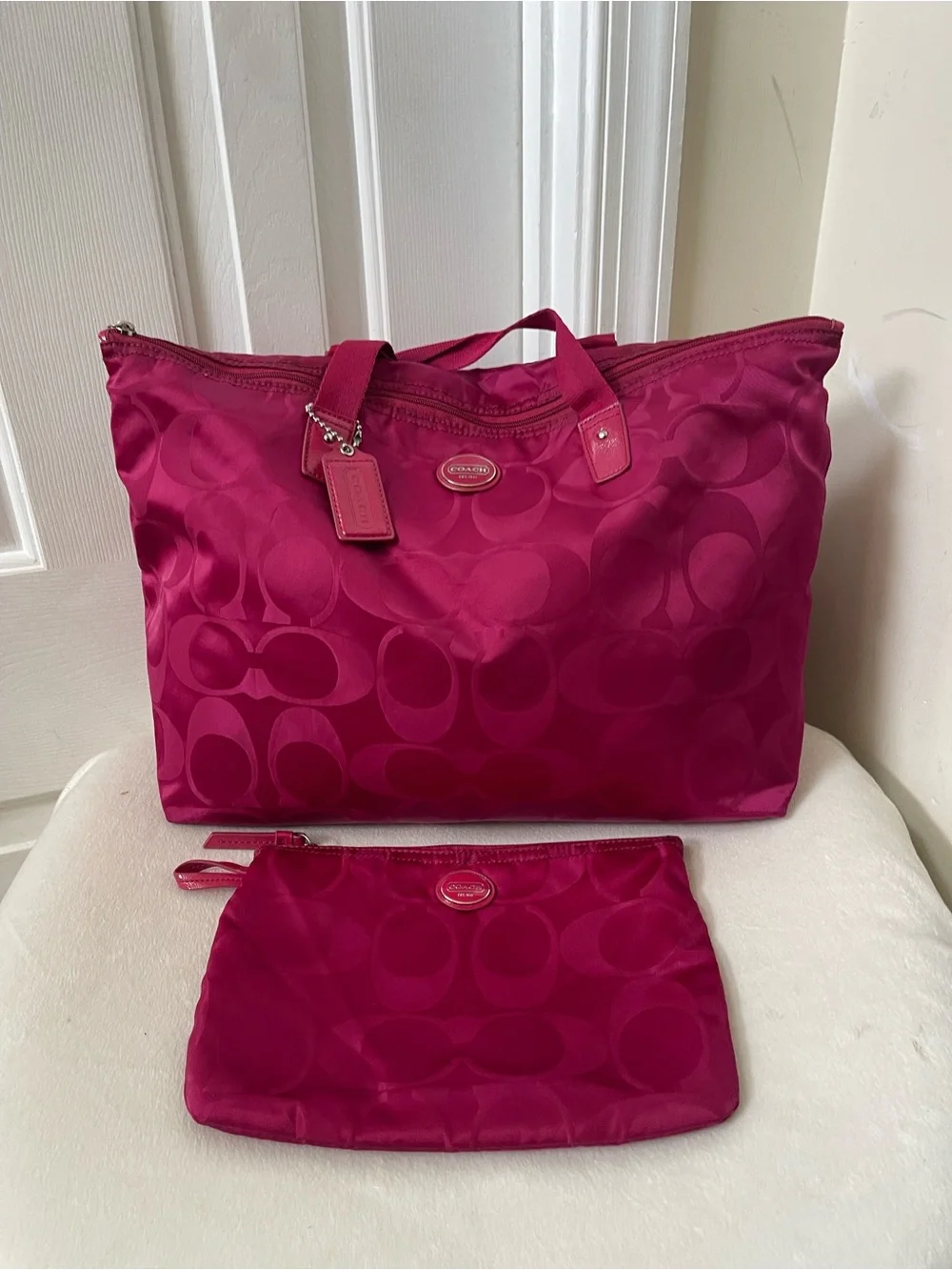 Coach Fuchsia Signature Nylon Getaway packable weekender Tote